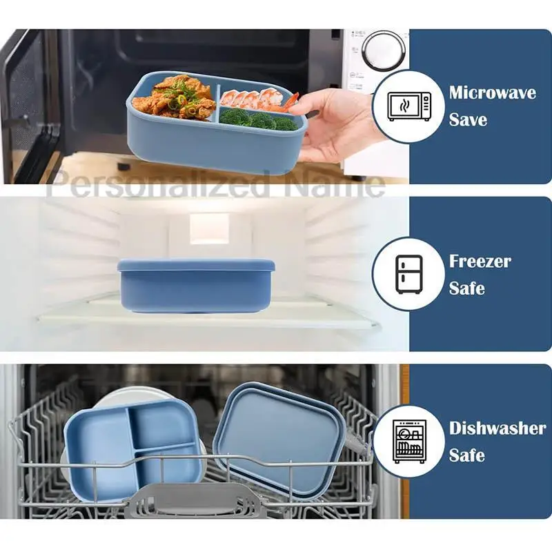 Personalized Name Lunch Box 3 Compartment Silicone Bento Box Portable Leak Proof Microwave Oven Lunch Box Picnic Food Container