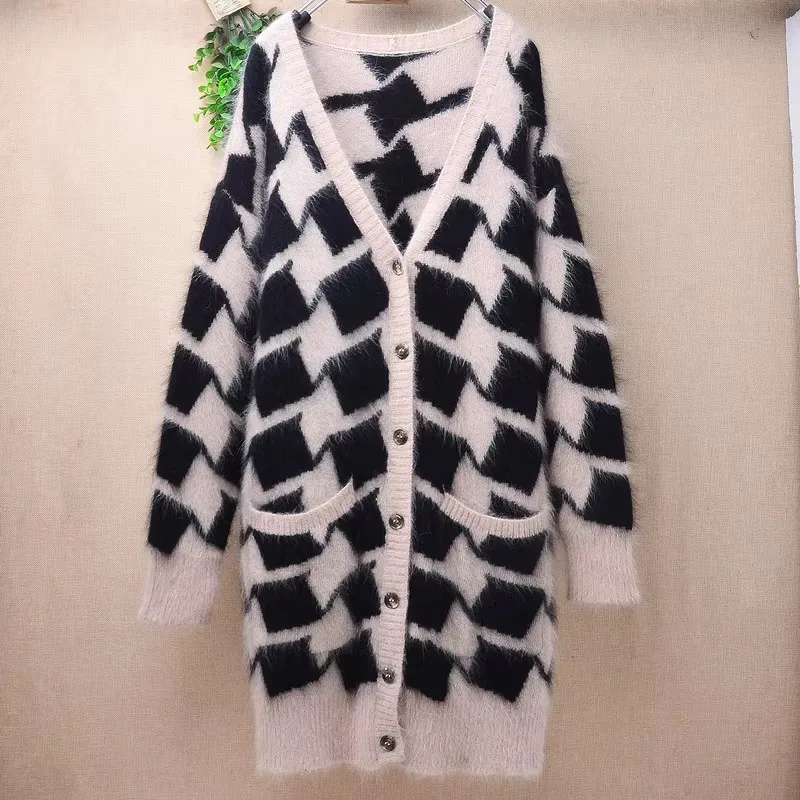 

Ladies Women Autumn Winter Black Plaid Hairy Angora Rabbit Hair Knitted V-Neck Long Sleeves Slim Cardigans Sweater Jacket Pull