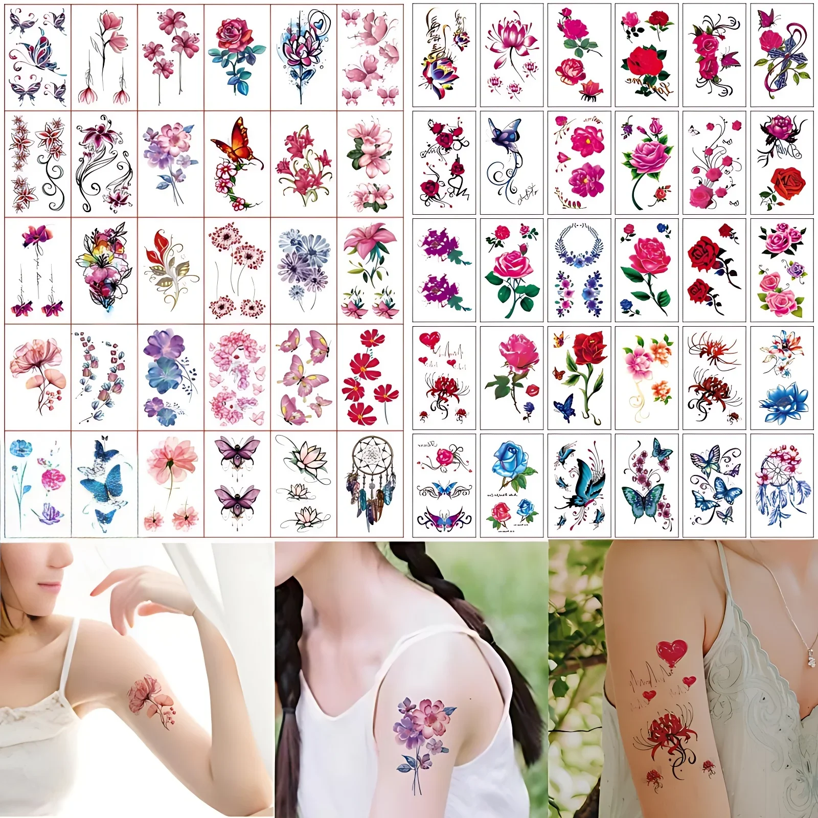 60pcs/lot Temporary Tatoo Waterproof for Girls Women Aesthetic Colored Rose Daisy Butterfly Dreamcatcher Flower Transfer Tattoo