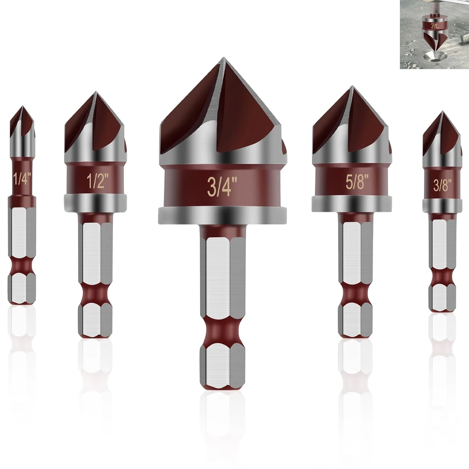 Five Blade Chamfering Set Hard High Carbon Steel Hexagonal Shank Drill Bit Household Practical Woodworking Drilling Tools