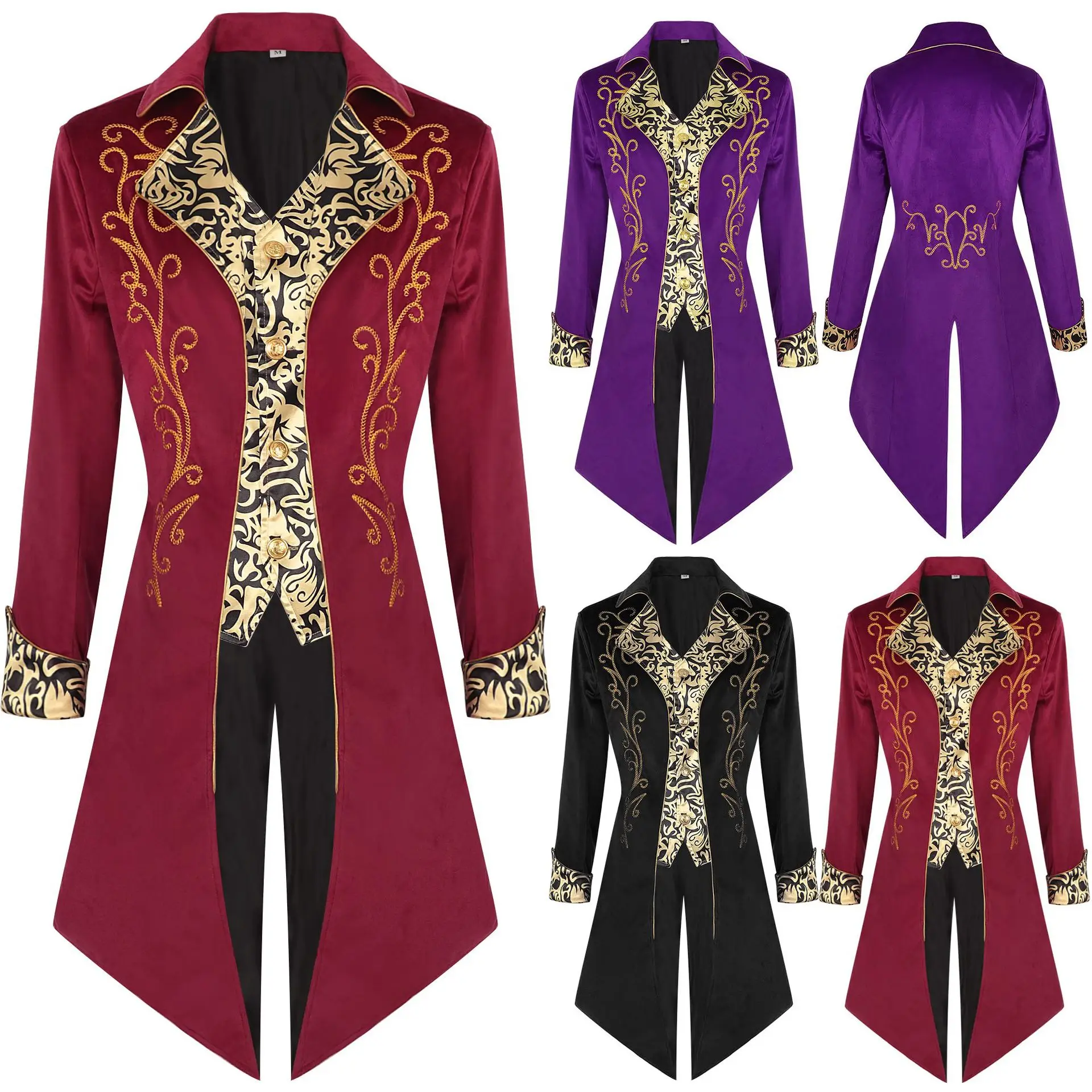 Adult Men's Red Purple Jacket Medieval Frock Coat Victorian Patchwork Noble Costume Steampunnk Trench Tuexdo Tailcoat Gothic