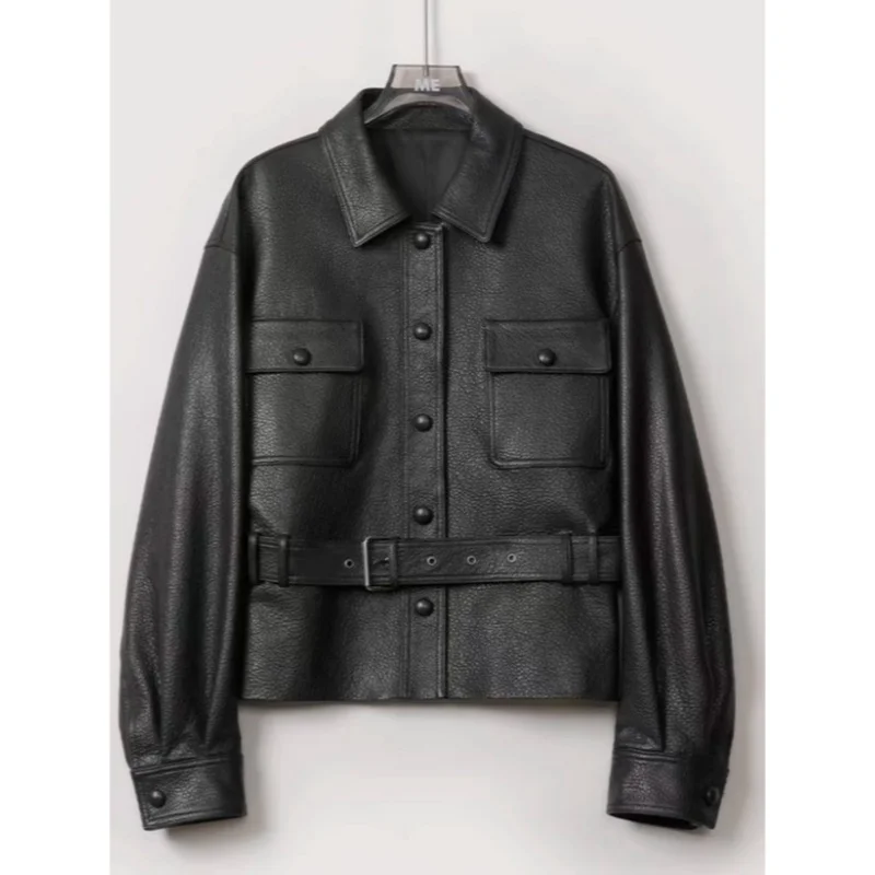 Giacca corta da donna in vera pelle di capra Primavera Autunno Colletto nero Capispalla elegante per donna