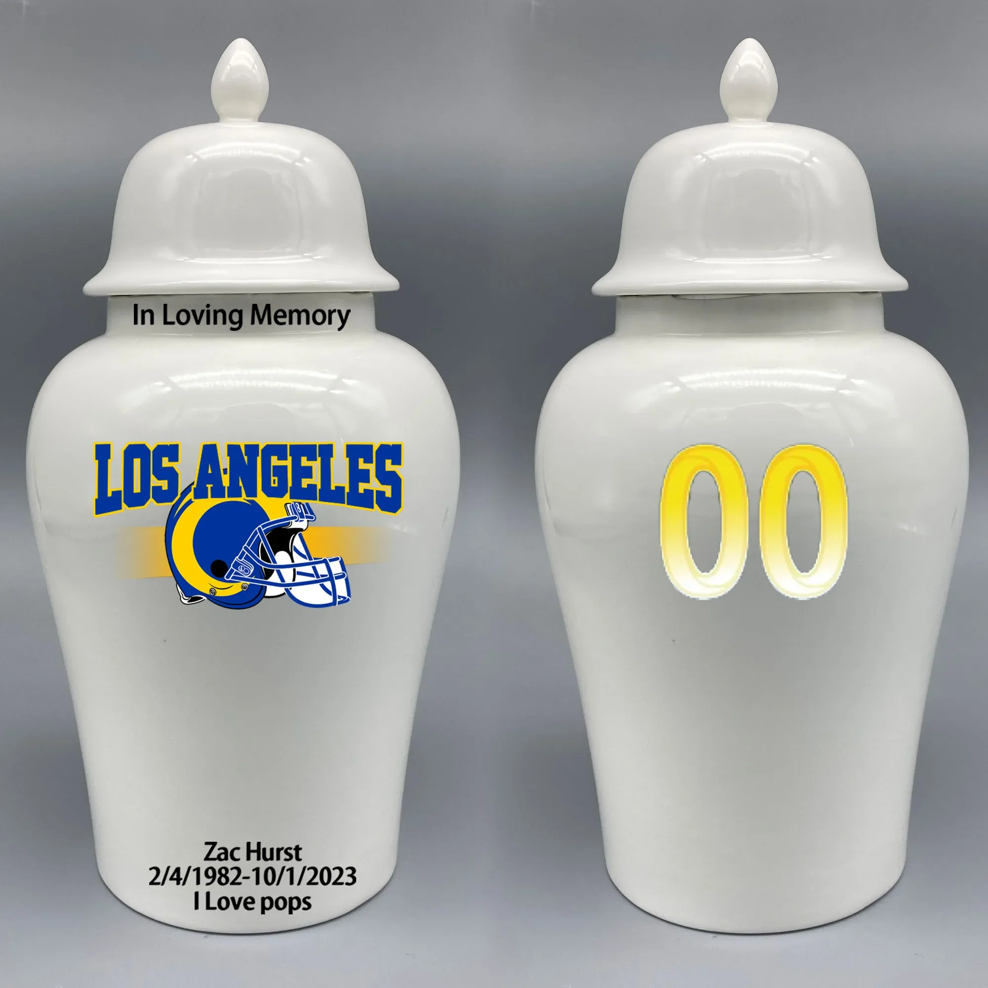 Large Urn for Los Angeles Rams-themed Logo Urn.Please send me the customize information-name/date and number on the urn