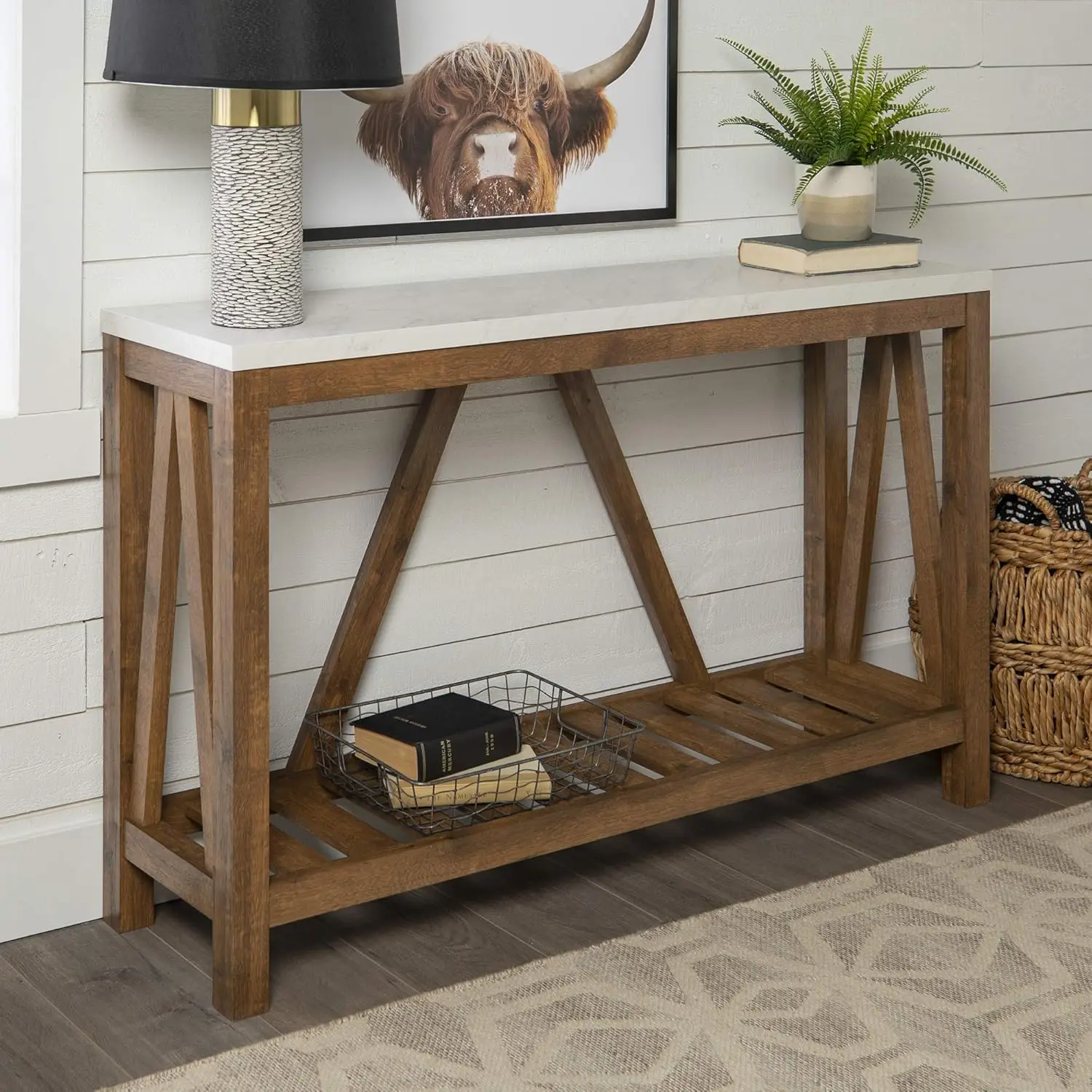 Modern Farmhouse Accent End Table with Bottom Storage Shelf for Entryway or Living Room, 52 Inch, Color-Marble and Walnut