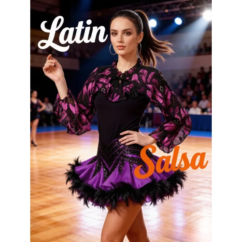 

Floral Print Long Sleeve Latin Dance Leotard Women S-3XL Professional Modern Ballroom Tango Practice Dress Regular Dancewear