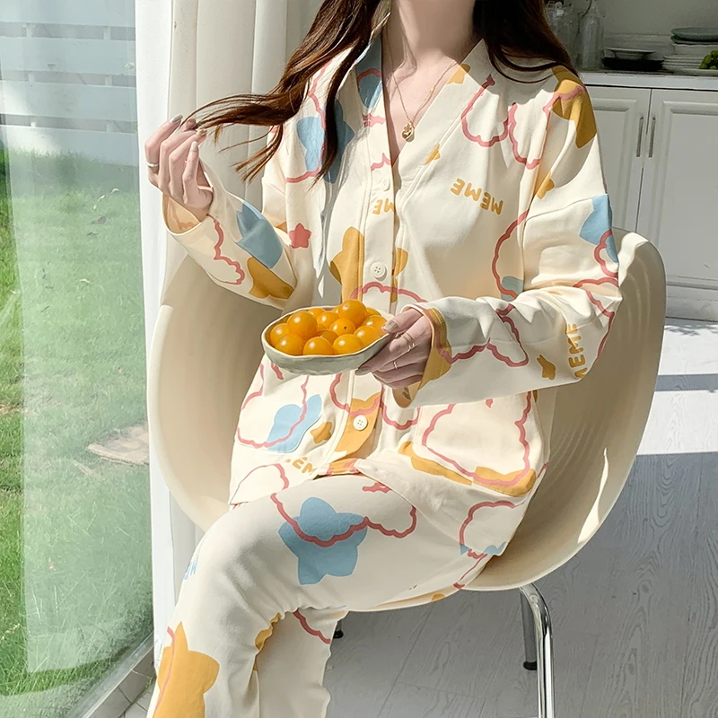 Cartoon Cute Cotton Pajamas Set for Women V Neck Kimono Nightwear M-3XL Pjs Pyjamas Mujer Female Young Girl Sleepwear Dropship