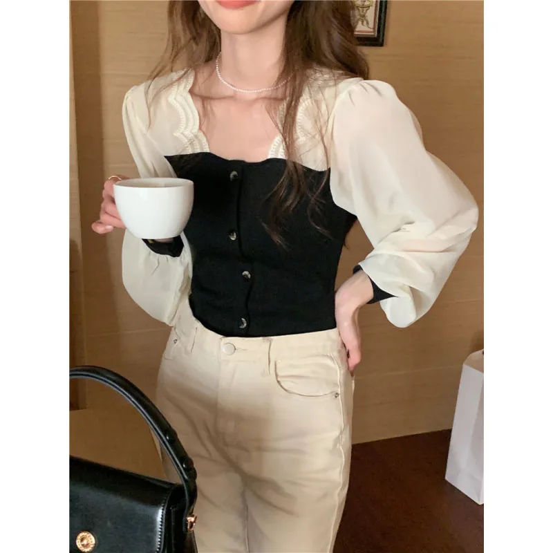 Spring Autumn New Women\'s 2024 Color Block Square Collar Button Spliced Long Sleeve Fashion Simplicity Sweet Slim Shirt Tops