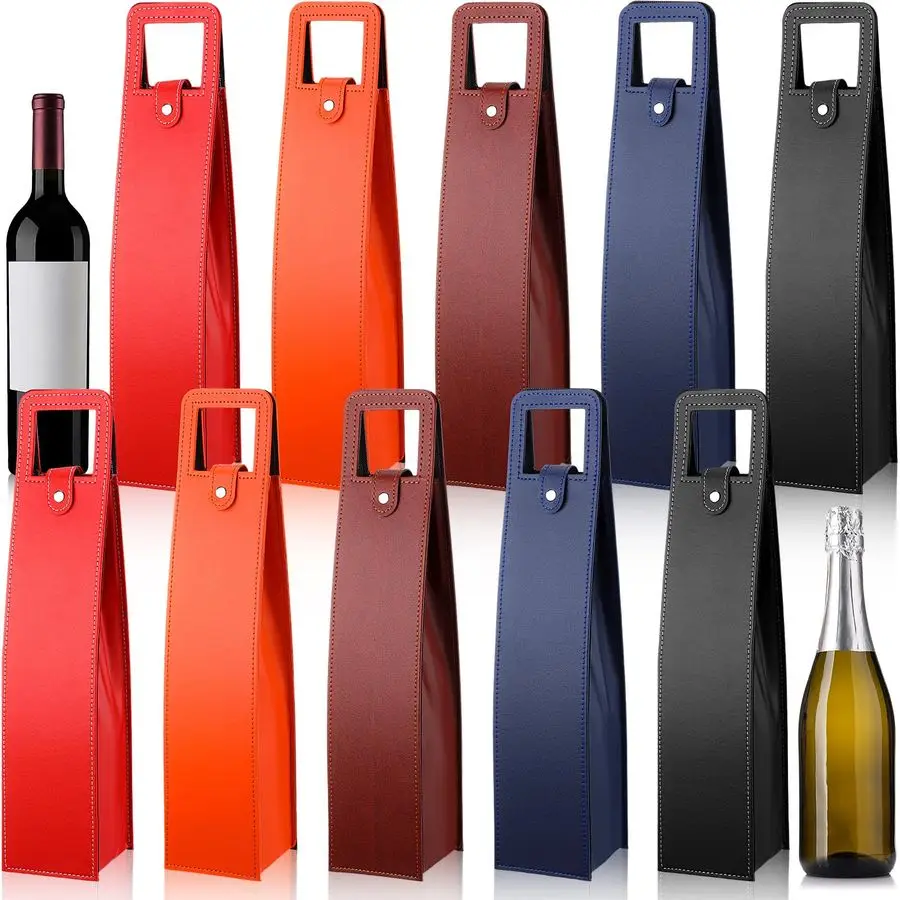 

10 Pcs Leather Wine Gift Bags Reusable Leather Wine Tote Carrier Single Bottle Champagne Beer Protector Gift Bags for Parties Bi