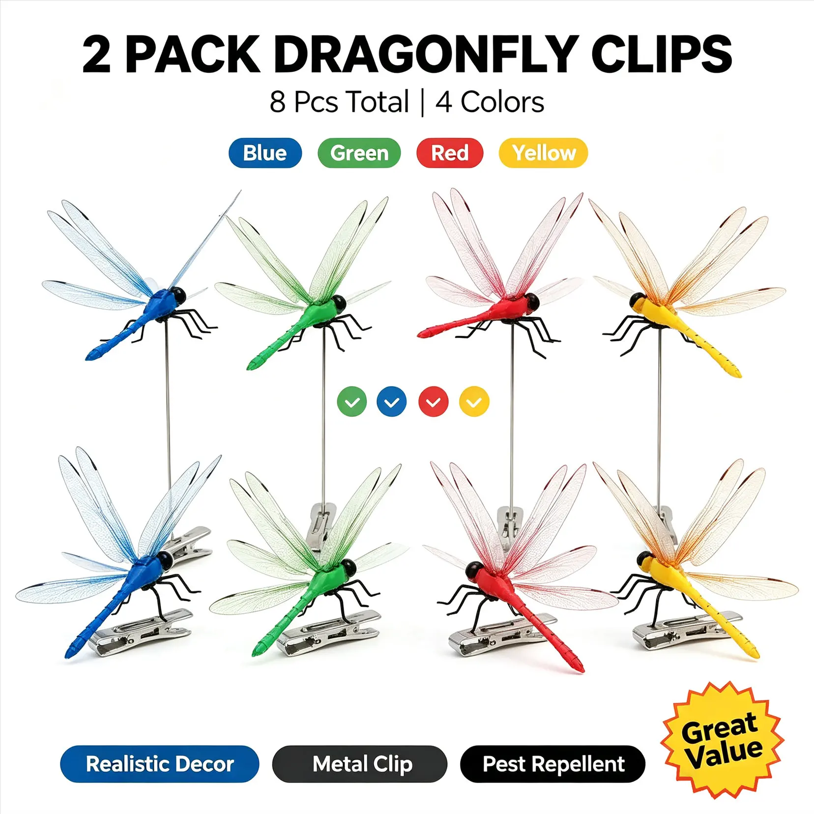 Insect-Repelling Dragon-Bat Clip Set (8-Pack), 3D Decorative Dragon-Bat Ornaments for Gardens (8 Pieces, 4 Colors)