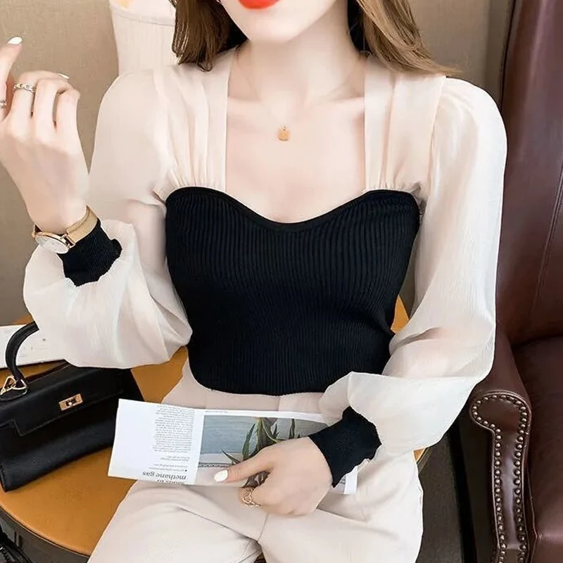 2023 French Style Long Sleeve T-shirt Spring Square Neck Lace Patchwork Polka Dot Puff Sleeve Pullovers Female Temperament Tops