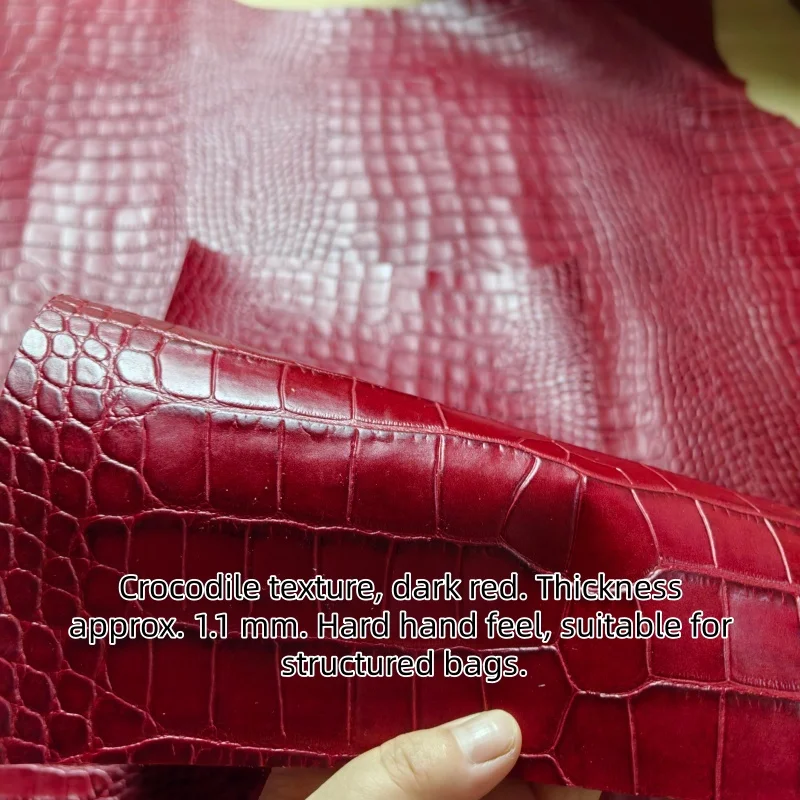 1.1mm Deep Red Crocodile Embossed Top Grain Cowhide,Genuine Leather Fabric, For Handmade DIY Structured Bags,Whole Hide Cutting