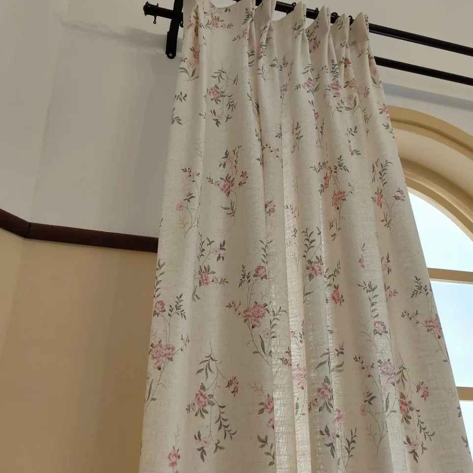 

French American Pastoral Floral High-end Cotton and Linen Semi-blackout Printed Curtain Cloth for Living Room Bedroom and Study