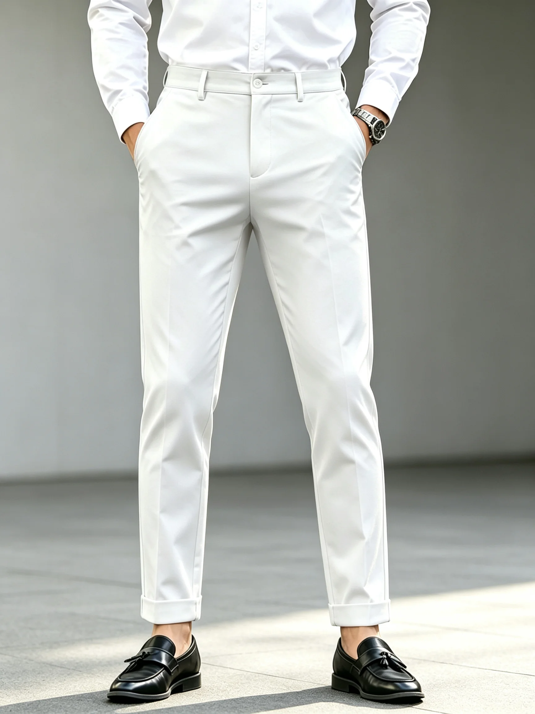 Men's Slim Fit Roll Cuff White Chino Pants Solid Cropped Trousers Stretch Business Casual Office Dress Office Casual Dress Pants