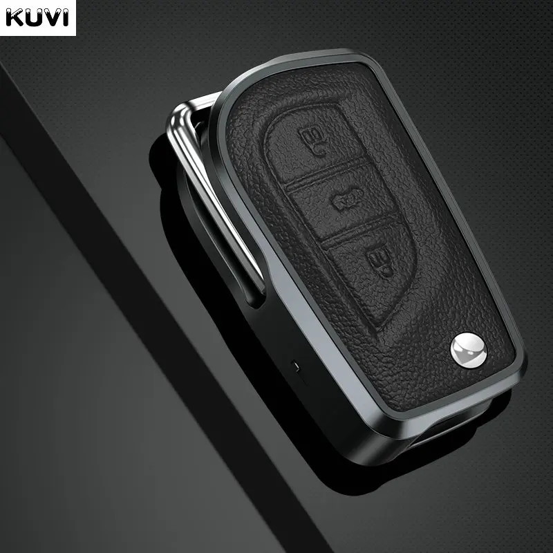 Aluminum Alloy Leather Car Flip Key Case Cover For Toyota Hilux Corolla Avensis Prado Fortuner RAV4 CHR Shell Fob Accessories