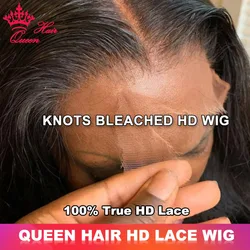 Knots bleached Wig Queen Hair Real HD Lace Wig Raw Human Hair FULL Frontal Closure HD Melt Skin Lace Wig Straight / Body Wave