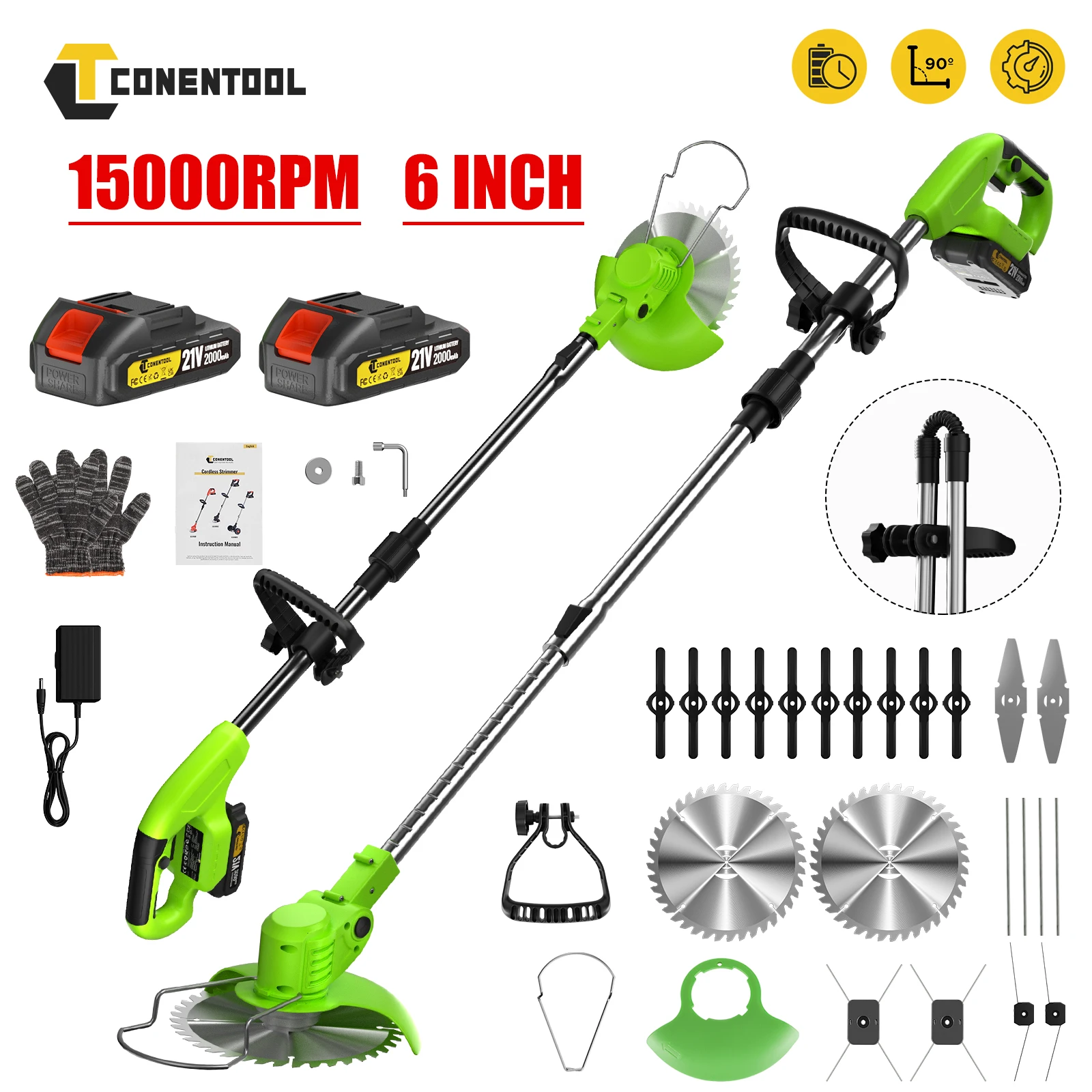 CONENTOOL Tondeuse à gazon pliable 21V 6 pouces sans fil, débroussailleuse électrique avec 5 lames, outils de jardin compatibles avec batterie Makita 18V