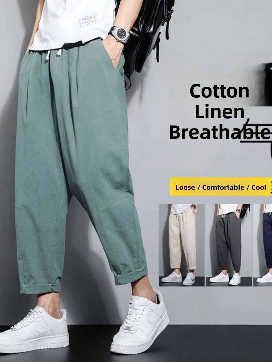

New Summer Men's Casual Loose Cotton Linen Nine-Piece Pants Thin Large Size Straight Leg Retro Trousers High Waist Long Trousers