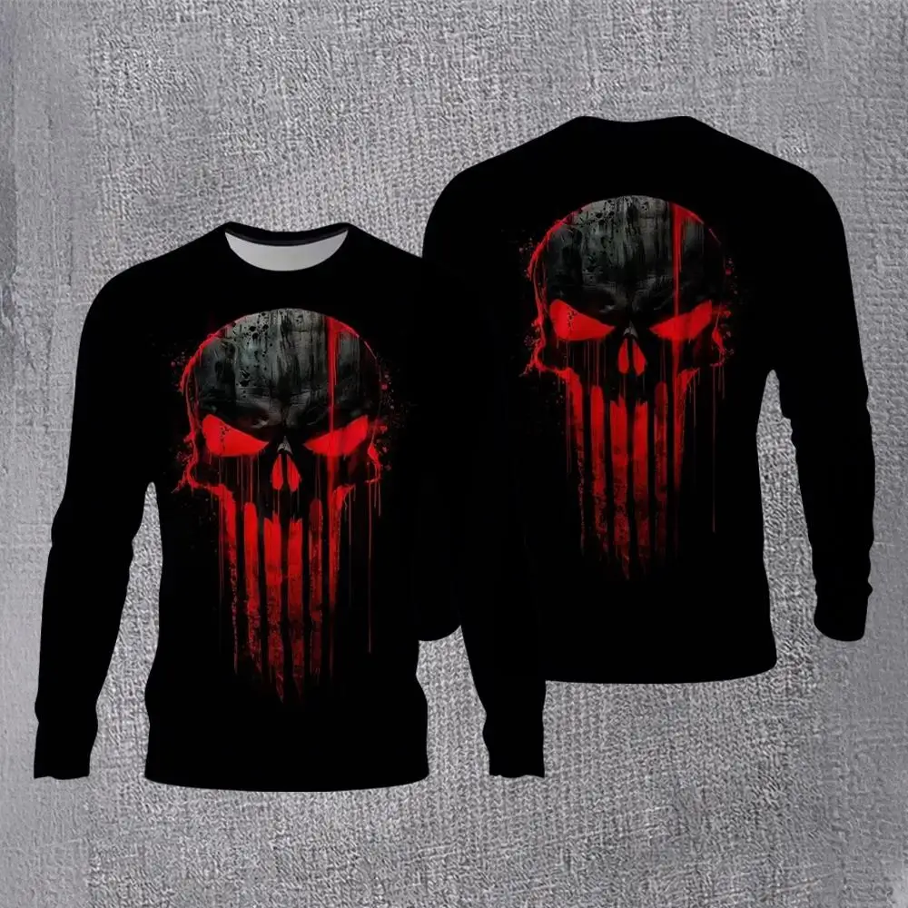 New Skull 3D Print Long Sleeve T-Shirt Men's Black Red Blood Drip Streetwear Base Layer Shirt Gothic Style Crew Neck Casual Top
