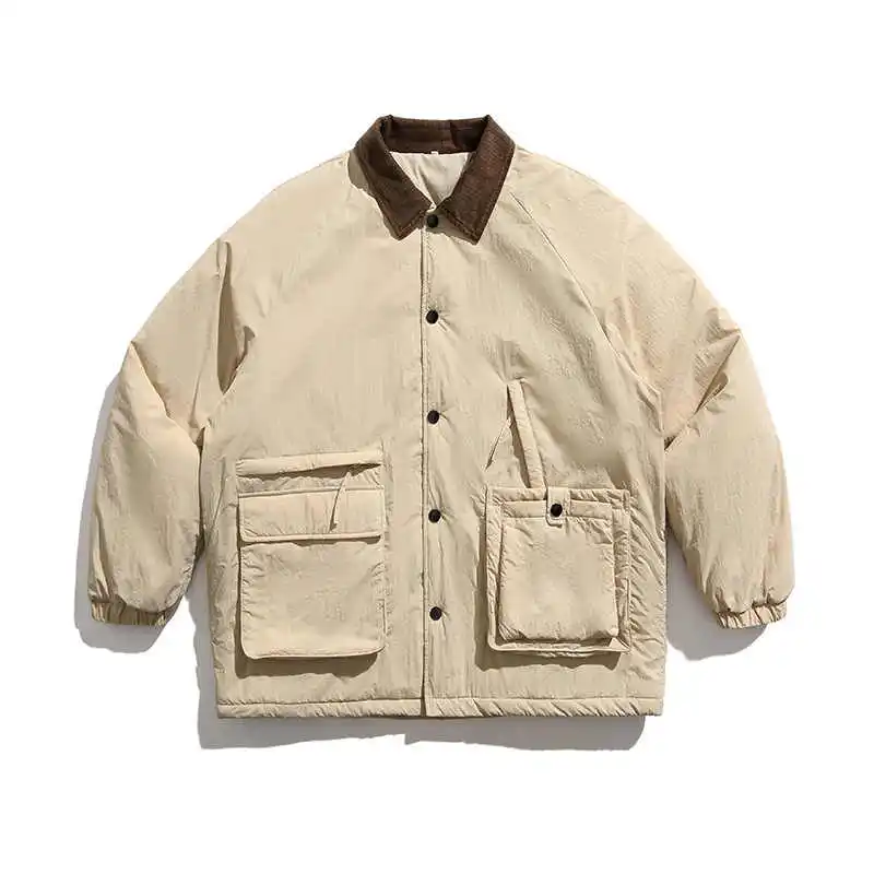 Japanese Retro Lapel Large Pocket Cotton Jacket Autumn and Winter Thick Men's and Women's Loose Corduroy Splicing Warm Parkas