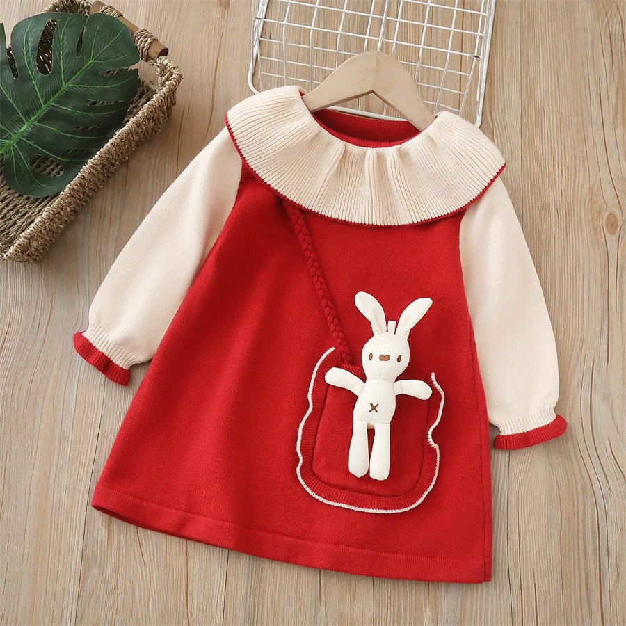 

Girls Kintted Dresses Spring Autumn 2024 Children Woolen Jersey Sweaters Dress For Baby Princess Cute Clothes Kids Party Costume