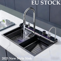 304 Stainless Steel Waterfall Kitchen Sink Large Single Slot Integrated Digital Display Faucet Set Soap Dispenser Cup Washer