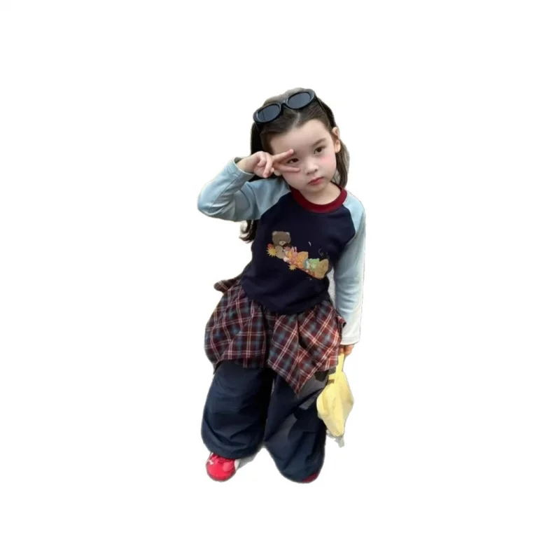 

DZ25312Girls' Children's Outfit2025Autumn New Cartoon Long SleeveTAmerican-style plaid patchwork waist pants wholesale