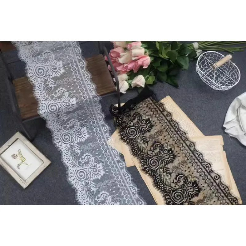 (1 yards/roll)Swiss lace fabric high quality 2024 black and white light eyelashes, garment skirt wedding dress accessories