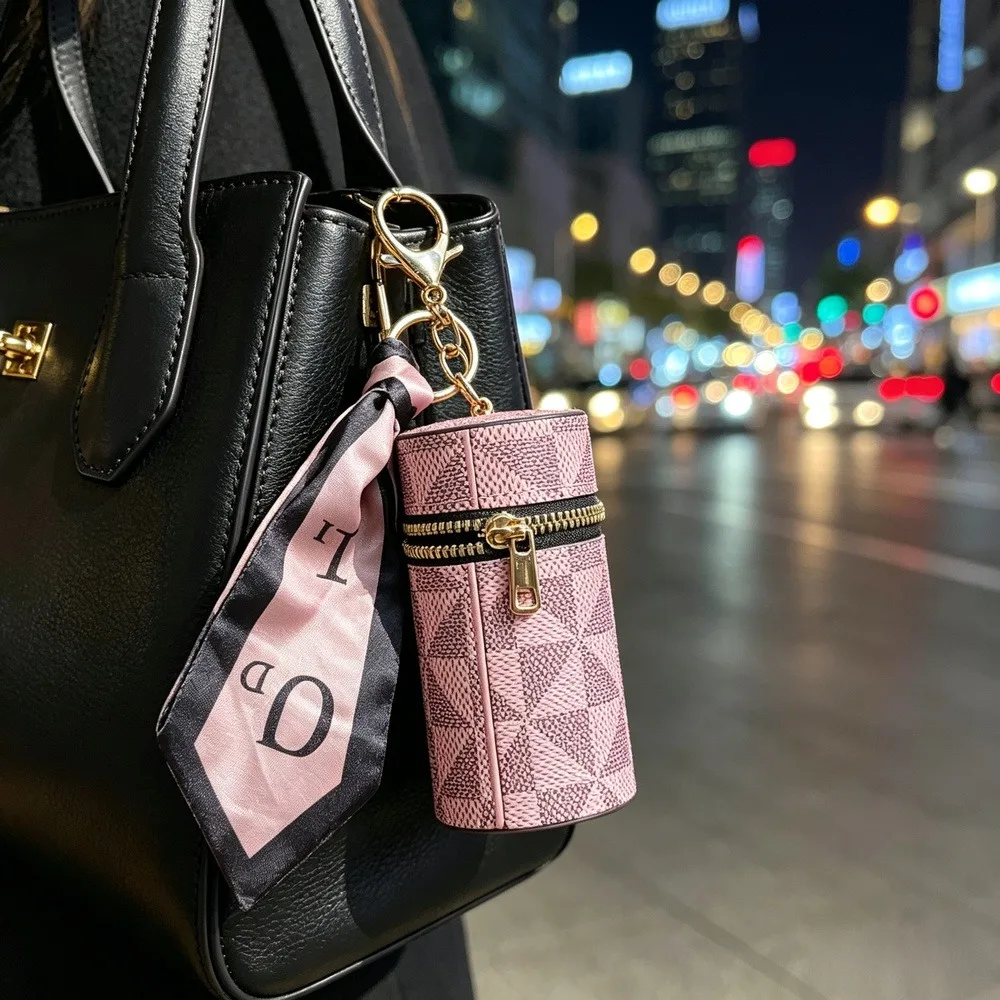 1 Pack Pink Vintage Monogram Mini Keychain Pouch, Small Coin Purse Earbud Lipstick Holder, Cute Bag Charm Accessory for Women