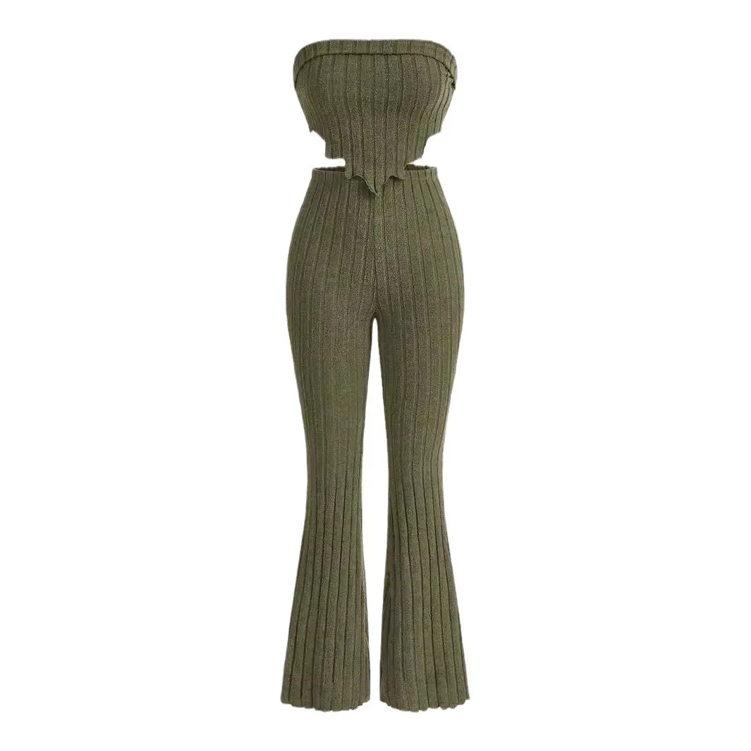 Autumn 2024 New European and American Striped Rib Wrap Chest Horn Trousers Two-Piece Pit Casual suit Commuter suit