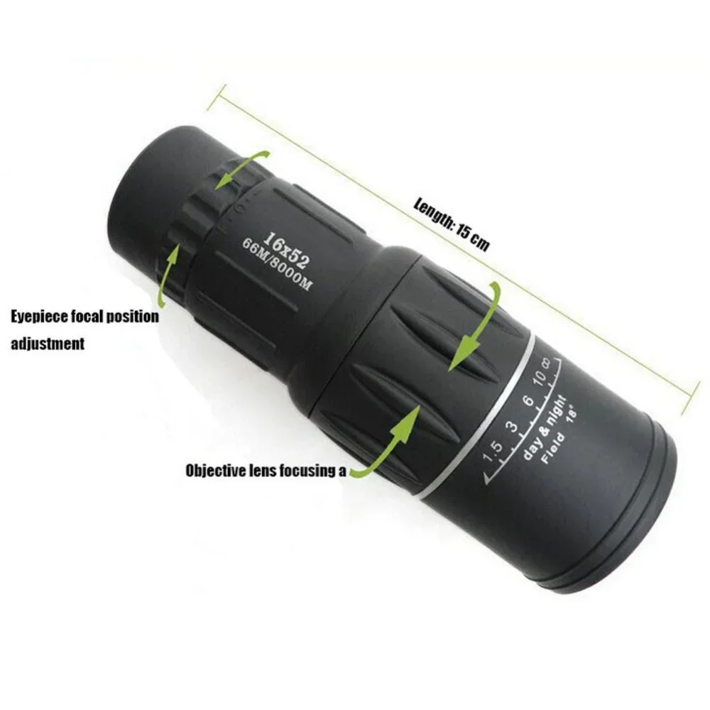 16x52 Monocular Dual Focus Optics Zoom Telescope for Birds Watching Wildlife Hunting Camping Hiking Low Light Night Vision 66m/8