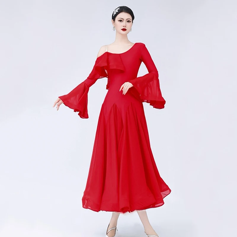 Vestido de baile estándar de salón, vestidos de baile rojos sin espalda para mujer, traje de competición de danza moderna Social, vestidos de vals para mujer 1415