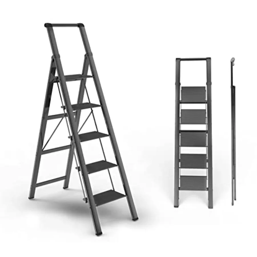 

5 Step Ladder, Folding Step Stool, Portable Iron Foldable Black Ladder for 10 Foot High Ceiling with Anti-Slip Wide Sturdy Peda