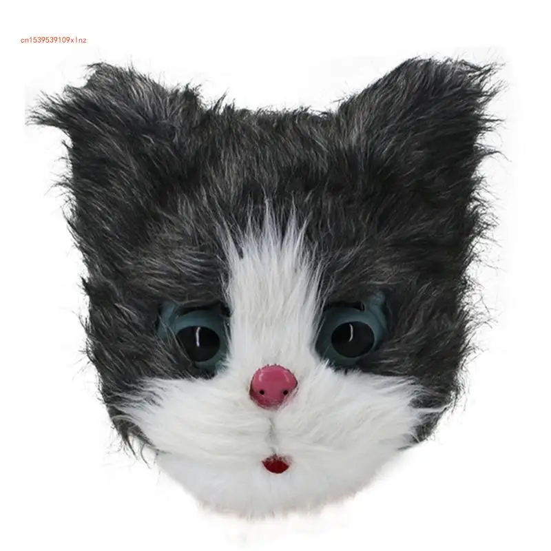 Masque tête d'animal d'halloween, couvre-tête chat en Latex réaliste, masque en fausse fourrure en peluche