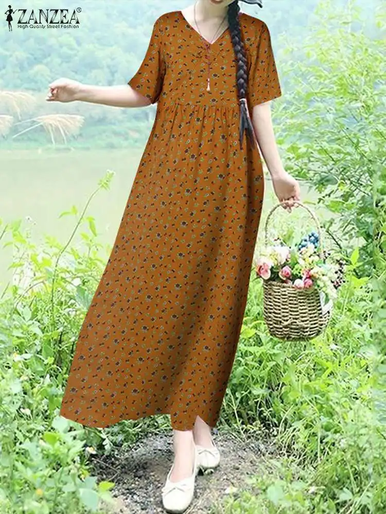 ZANZEA Bohemian Floral Printed Sundress donna Vintage manica corta 2024 Summer Maxi Dress Holiday allentato Casual con scollo a V abito lungo