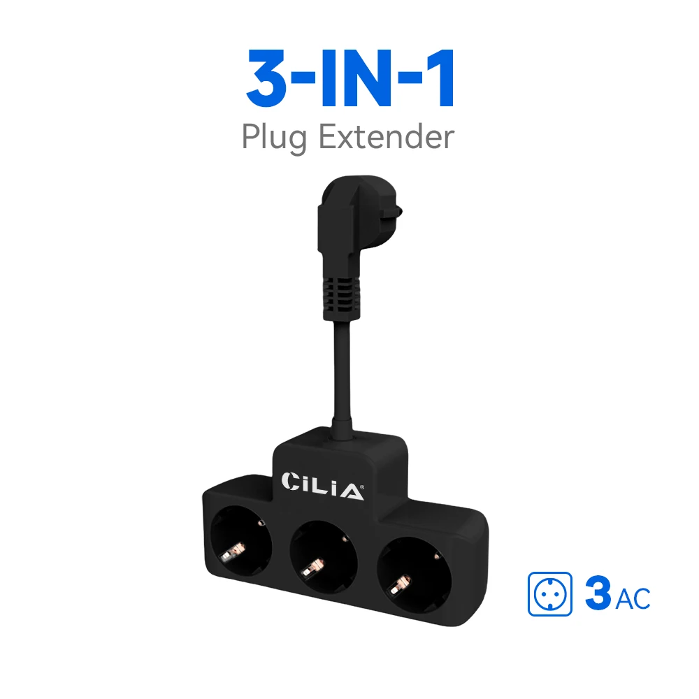 European Standard Wall Plug with 3 AC Charging Ports, available in black or white color, featuring a 10cm extension cord