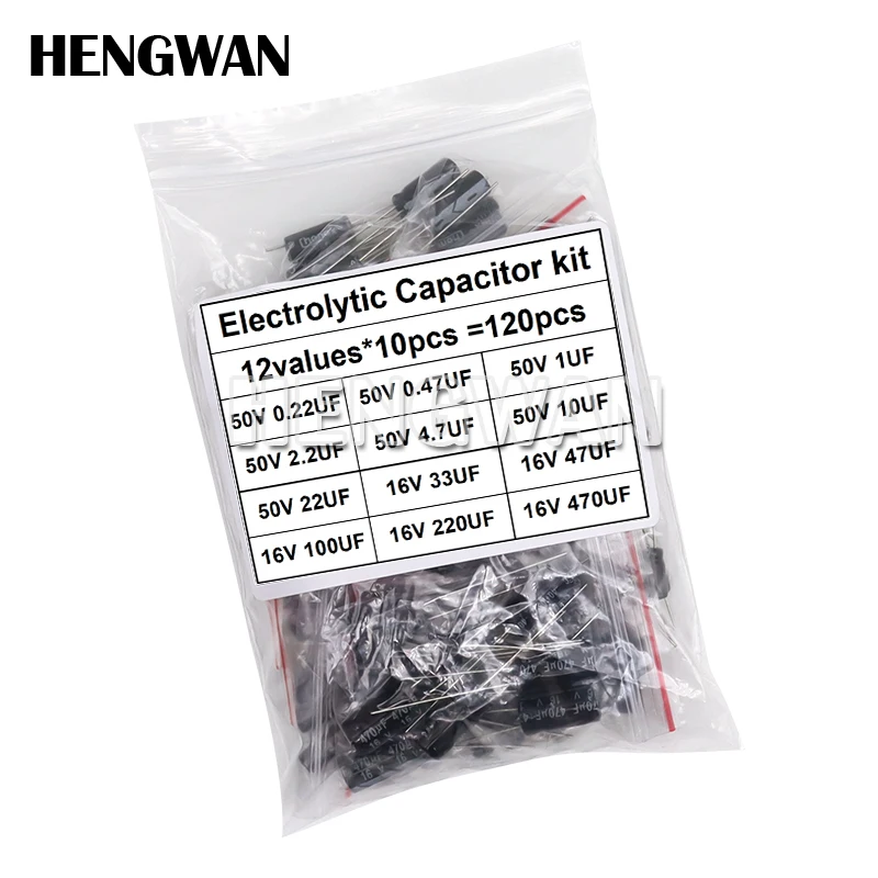 120pcs 0.22UF - 470UF 12Values*10pcs Aluminum Electrolytic Capacitor Assortment Kit Capacitance Pack 0.47UF 10UF 100UF 16V 50V