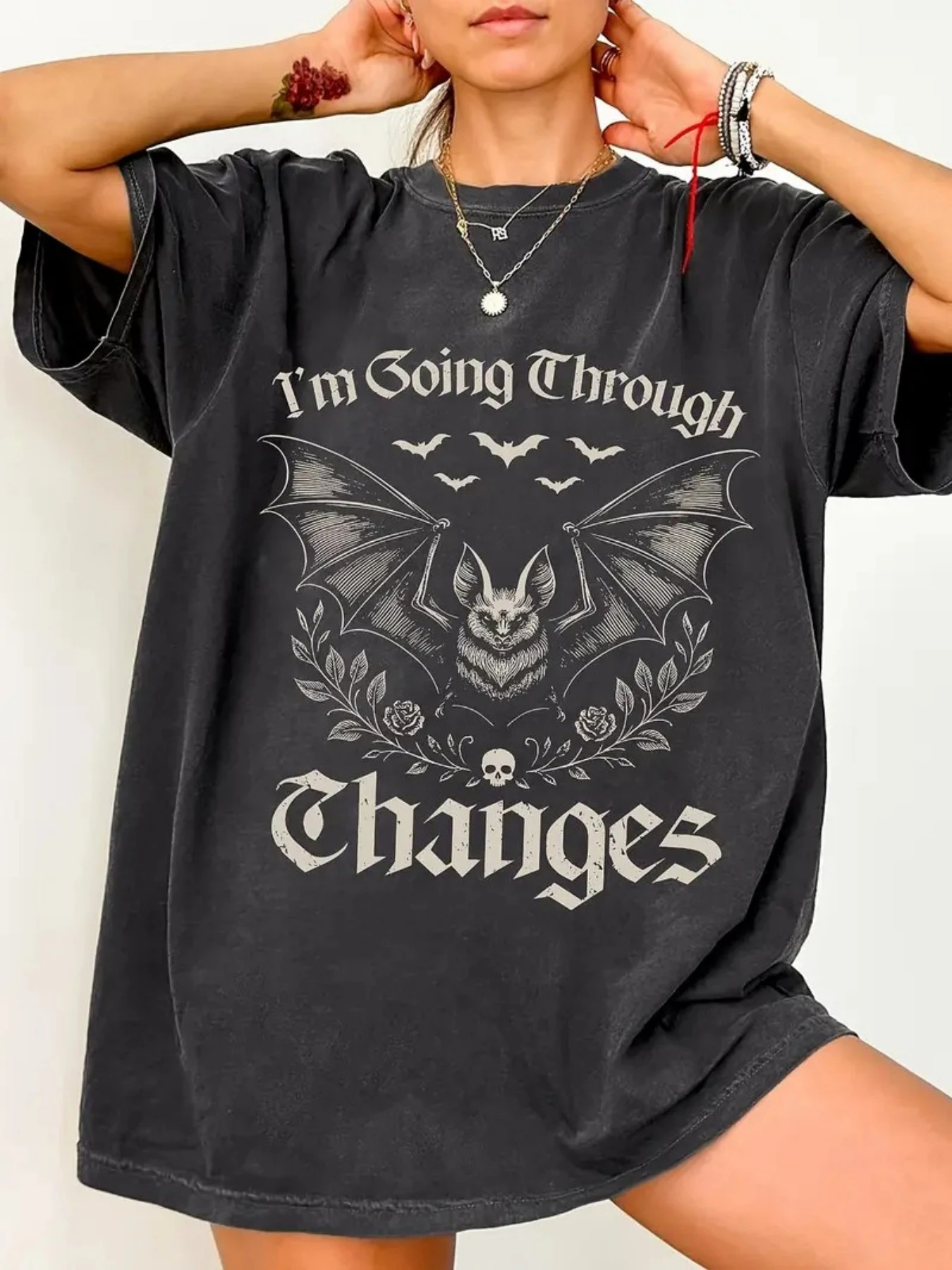 Gothic style loose dark gray T-shirt - vintage distressed 