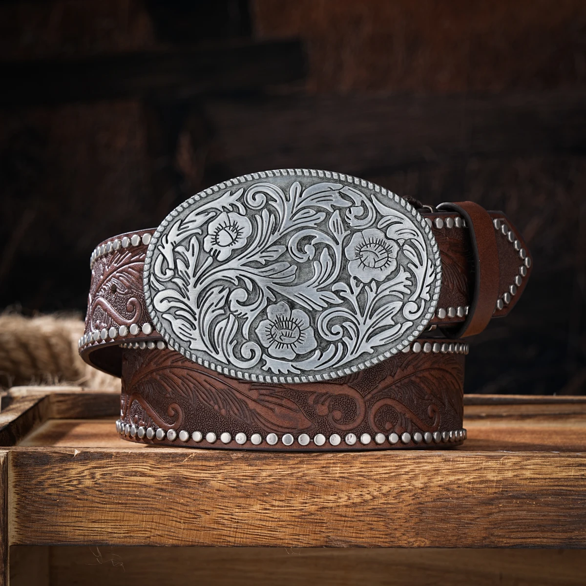 Men & Women-Western-Cowboy-PU Leather-Belts - Vintage Horse Belt Floral Engraved Buckle Belt for Jeans
