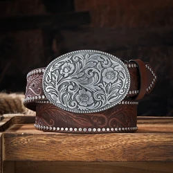 Men & Women-Western-Cowboy-PU Leather-Belts - Vintage Horse Belt Floral Engraved Buckle Belt for Jeans