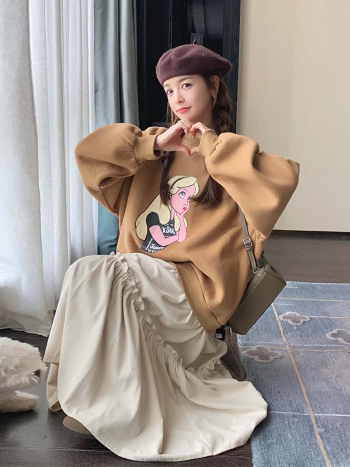 

Cartoon Print Sweatshirt Dress Women's Long Style Spring Autumn New College Style High Waist A-Line Skirt Long Dress