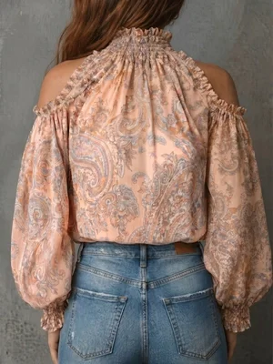Boho Paisley-Print Chiffon-Top Damen Sexy Off-Shoulder Bluse mit Trompetenärmeln Retro 70er Fairycore Hemden – Detail 8