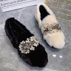 Black Mink Fur Women Loafers Casual Thick Sole Moccasins Crystal Winter Warm Snow Shoes Furry Fur Espadrilles Flats Creepers