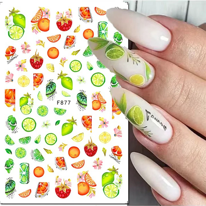 3d Nail Art Decals Summer Fruits Yellow Lemons Purple Flowers Adhesive Sliders Nail Stickers Decoration For Nail Manicure