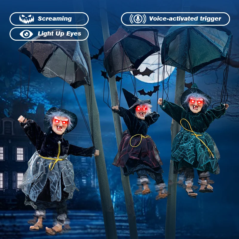 Light Up Halloween Screaming&Glowing Red Eyes Parachute Kick Witch With Sound Activation Function Horror Hanging Halloween Decor