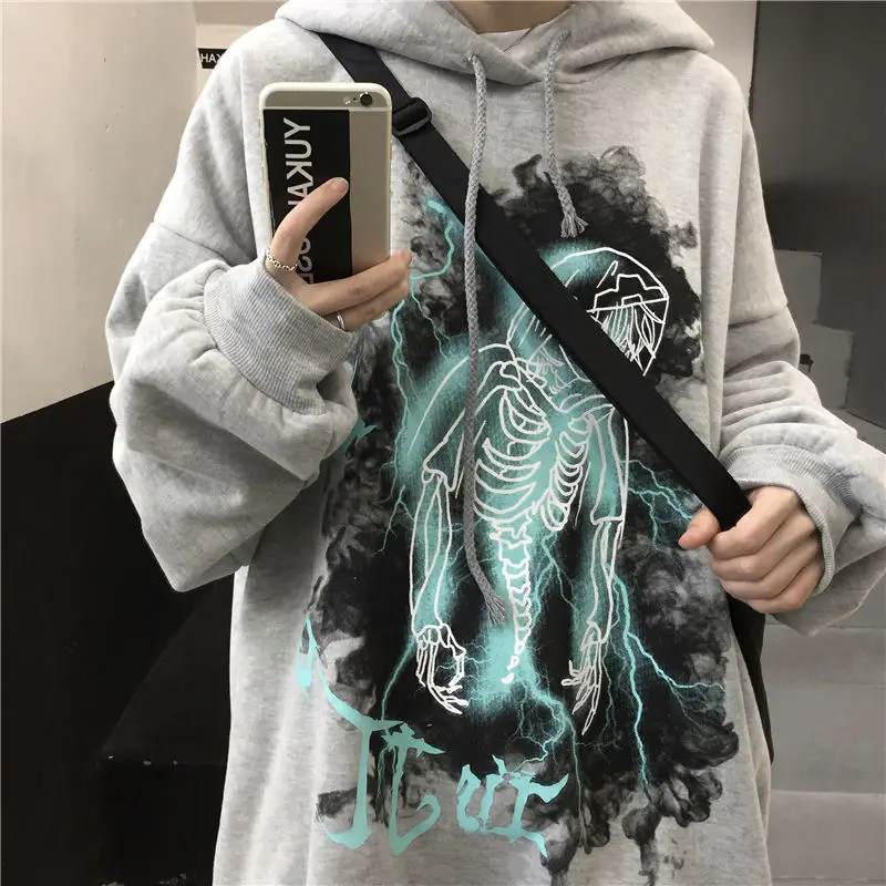 Maglione con cappuccio marea da uomo e da donna 2022 nuova versione coreana autunno e inverno ins dark graffiti cartoon plus testa di cappotto in velluto