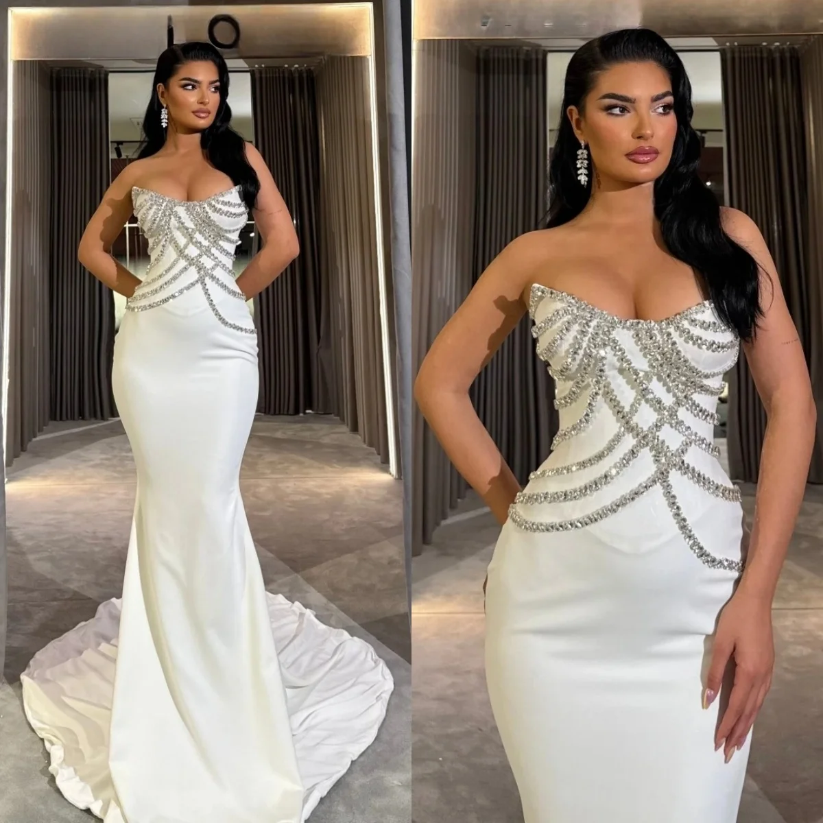 

Elegant Strapless Wedding Dresses Bridal Gowns Crystal Sleeveless Mermaid Princess Sweep Train Customized Vestidos De Novia