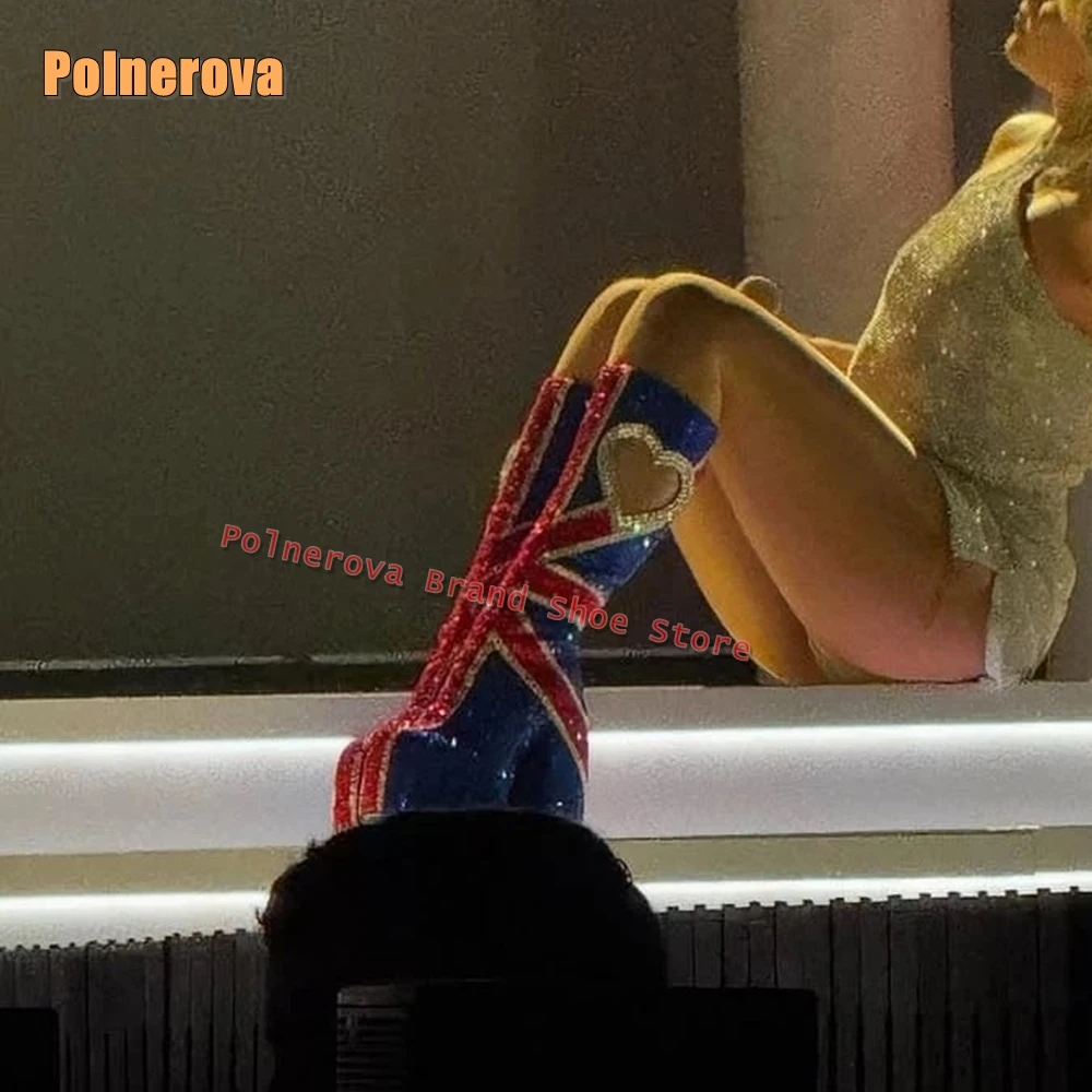 حجر الراين كابوس منصة أحذية الموضة جولة تو سميكة وحيد انتهاء الصلاحية نمط الجوف خارج على شكل قلب حذاء برقبة للركبة 2025 #3