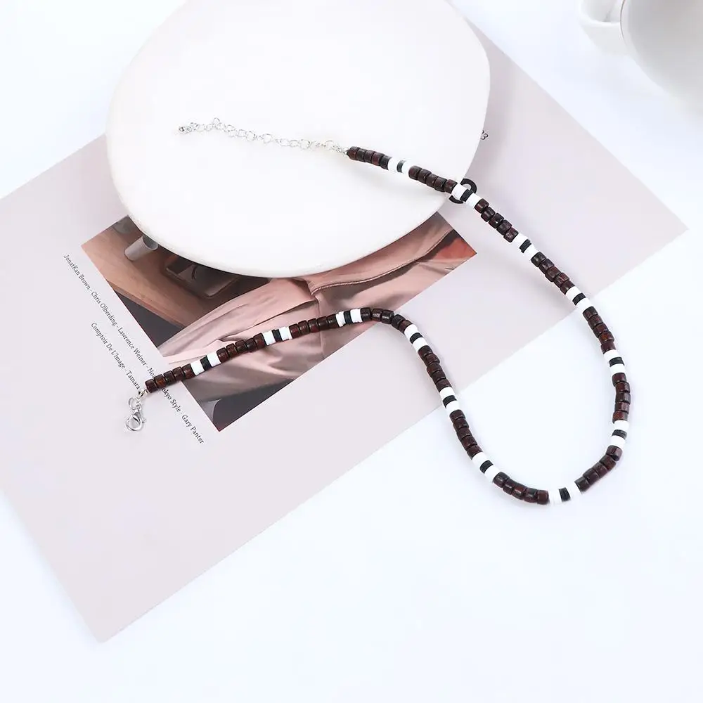 Bohemian Style Soft Pottery Piece Men Choker Temperament Wood Beaded Fashion Male Necklace Simple Geometric Necklace Collar