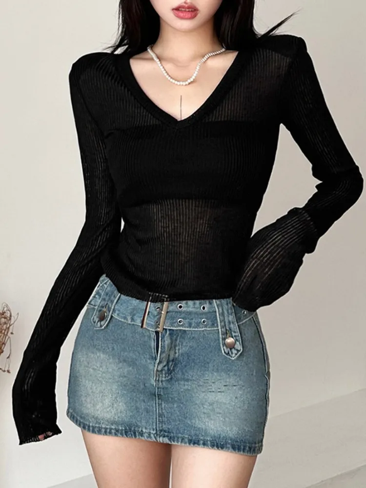 Solid Long Sleeve Y2k Top See Through Shirts For Women V-Neck Short Aesthetic Clothes Slim Fit Streetwear Fashion Ropa Mujer