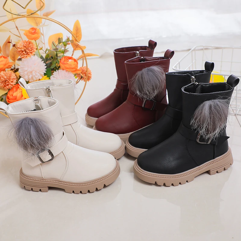 Girls Leather Boots with Fluffy Hairy Ball Cute Warm Autumn Winter Kids Princess Boots Sweet Fashion Side Zipper Anti-skid Soft